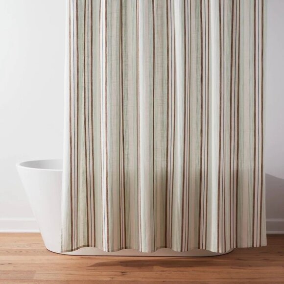 Threshold Coastal Brown & Teal Striped Shower Curtain w 12 Chrome Finish S Hooks - Picture 1 of 7